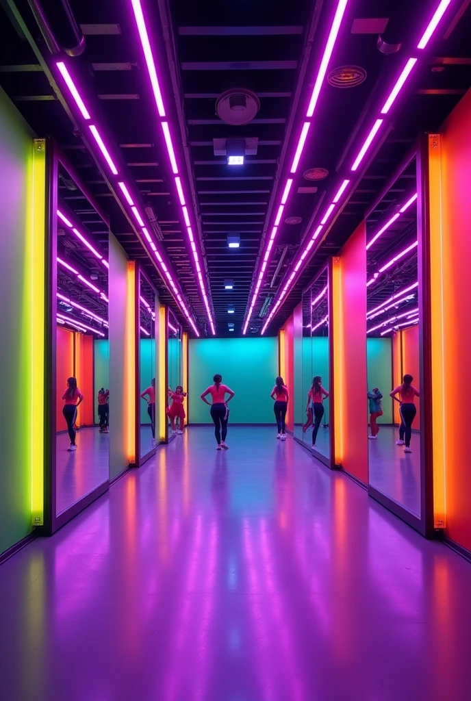 Zumba hall 12 feet in height and 30 feet in length with front side covered with mirror and covered by walls coloured on both sides. LED's on roof with purple colour