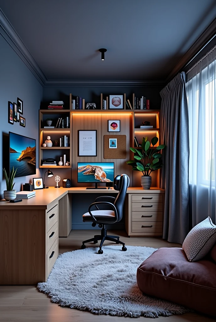 I imagine a room with dark blue or gray walls, illuminated by LED lights that change color according to my mood, the bed would be large, with a headboard upholstered in dark gray or deep blue velvet and a solid wood frame like oak, With storage drawers underneath, you would have a spacious desk made of light wood, such as maple, with a smooth surface and an adjustable lamp in matte black metal, ideal for studying or drawing
The setup would include a desk with space for a computer or console, a large wall-mounted monitor and an ergonomic chair made of black leather or breathable fabric. A wall-mounted television would also be essential for watching movies or series, in the chill corner. , I imagine memory foam beanbags covered in microfiber or a distressed brown leather armchair, all on a soft, thick rug, the light wood shelves filled with books, video games and souvenirs, decorated with posters and a few potted plants. ceramics, a cork board for photos and notes would be a perfect detail
It would be a functional and stylized space, perfect for studying, playing and relaxing, where each element reflects a little of my personality.