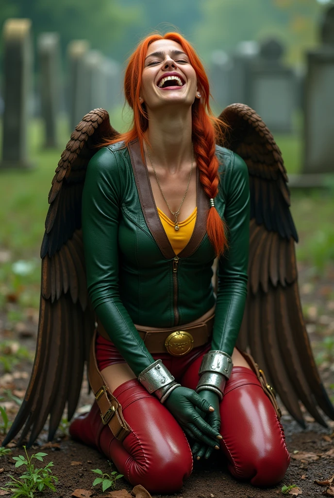 (((De primerísimo primer plano una hermosa mujer de rodillas yelling))),(((Long red hair tied up in a braided ponytail))),(((green top suit with yellow in the middle))),(((Cali green leather pants with red shorts over the pants))),(((Charlize Theron under the mantle of Shayera Holl aka Hawkgirl ))),(((On knees gritando de dolor))),(((leather suit with tiny scales on the suit))),(((Large brown falcon wings))),(((Silver metal bracelets on their wrists))),(((Long red boots up to her knees))),(((On knees))),(((yelling))),(((mortally wounded))),(((Blood on his chest))),(((cursed cemetery))),(((Blood all around his body)))