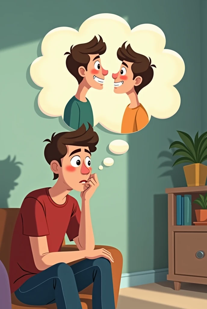 Alex is sitting quietly in a serene room, with a thought bubble showing a calm, guiding figure of himself (cartoonised)
Himself in the thought bubble
Alex should have a worried expression but the thought bubble Alex should have a happy calm smile!!