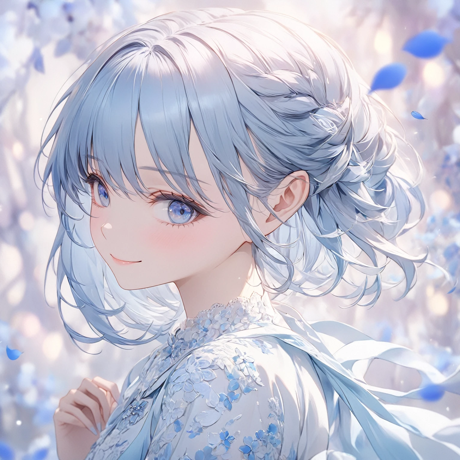 (masterpiece),(Highest quality:1.2),Beautiful and exquisite blue eyes,(Beautiful silky pastel blue hair:1.2),((Blue and white outfit)),It was a shame,A shy smile,Pastel Tones, Delicate pastel blues blend into intricate patterns,The background is soft and blurry,Pastel blue petals are soft, Magical colors and atmosphere,Small breasts