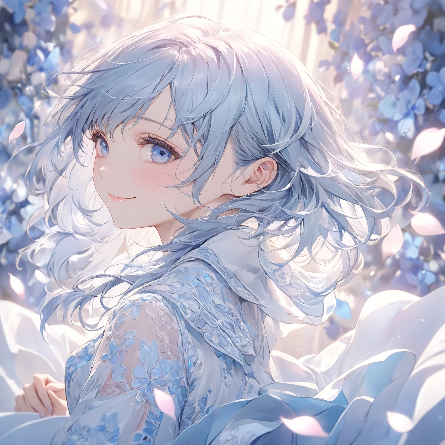 (masterpiece),(Highest quality:1.2),Beautiful and exquisite blue eyes,(Beautiful silky pastel blue hair:1.2),((Blue and white outfit)),It was a shame,A shy smile,Pastel Tones, Delicate pastel blues blend into intricate patterns,The background is soft and blurry,Pastel blue petals are soft, Magical colors and atmosphere,Small breasts