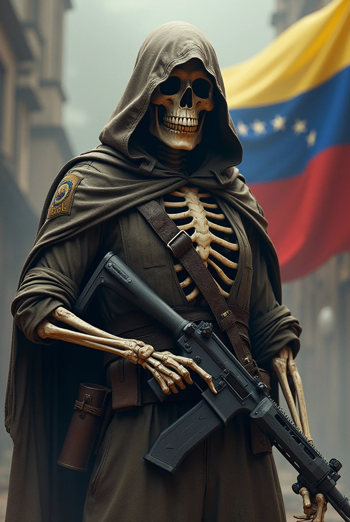 Strong hooded military soldier skeleton with Venezuela flag