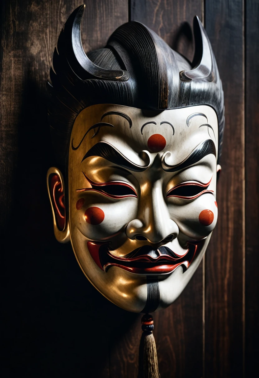 a fearsome japanese noh mask on a dark wall, dramatic lighting, japanese woodblock print style, moody chiaroscuro, sinister atmosphere, intricate detailed design, dramatic shadows, muted color palette