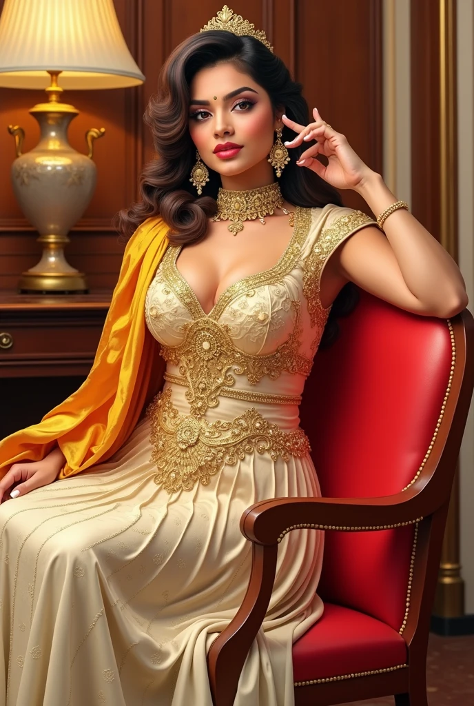 6 ft big breasted average beautiful sri lanakan wealthy age 25 girl in maharani dress. Wearing Academic regalia.well educated.sit in chair with big breasts, big butt
