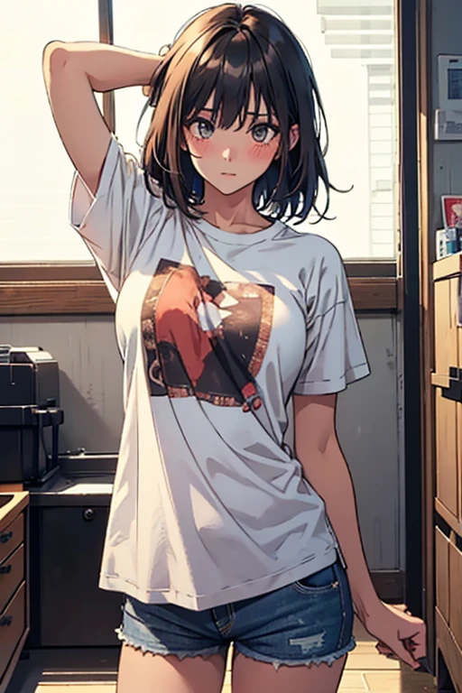 1girl, holding t shirts bottom, model pising, cowboy shot, looking at the viewer, short pants, blushing, pull on t-shirts, oversized t-shirts
