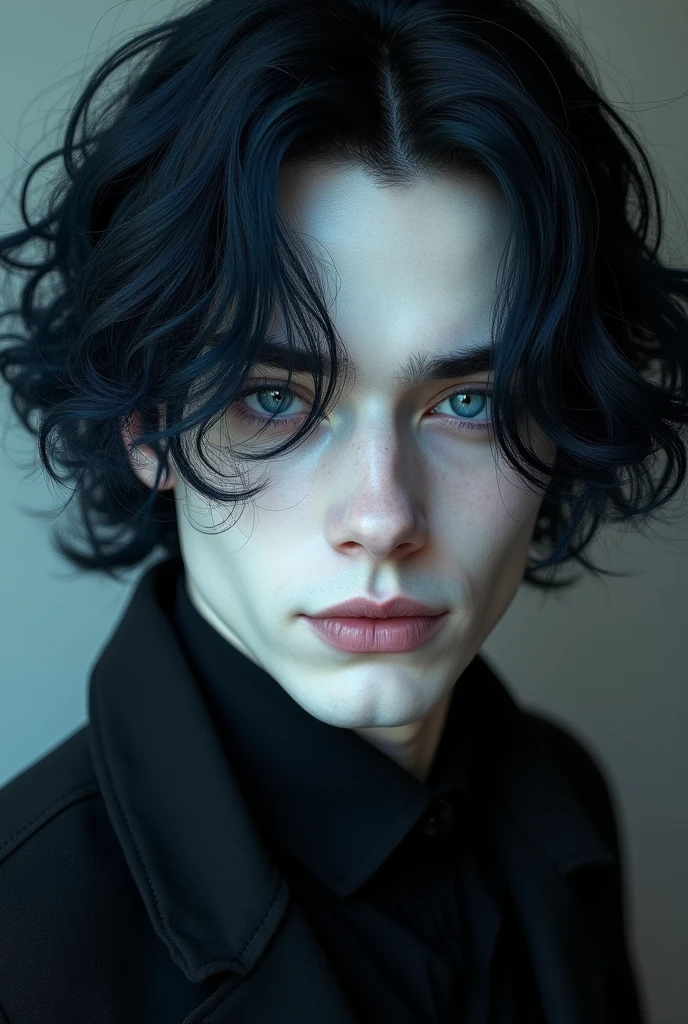 • The jet-black hair with a bluish tint is moderately curly, resembling the wavy night sea.. On the other hand, his white skin contrasts with his hair..
• Eyes that look like they are set with black diamonds sometimes look ashen when exposed to light.. His slanted eyes can sometimes make him look blunt, but his eyes that open when he smiles are his charm..