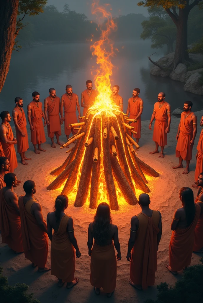 A Hindu pyre is placed inside the wood and is about to be lit Not show fire Many Hindus stand around the pyre anxiously. Fiire not lighting not burning