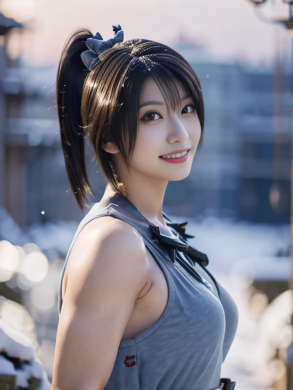 20 year old Japanese beauty，One woman、Muscular body like a bodybuilder、Emphasize the breasts、He wears a headband on his head、Slit eyes、A head-to-toe view，Bust is very very large、The background is a snowy country、High quality photos、Clear, crisp images of the lower body、Masterpiece 8k、Smiling、Is doing a high kick、From the front, from the side, from the back, etc.々from what camera angle to shoot、Light blue ninja costume