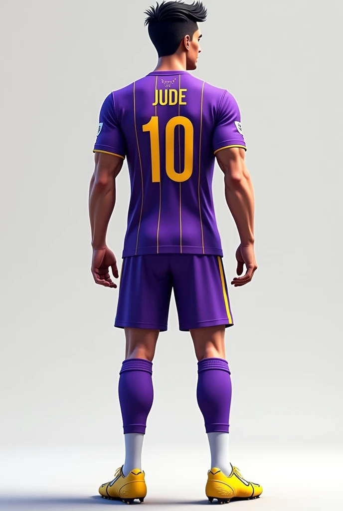 A football player with violet jersey his number was 10 and name was jude  good looking his team was Ghss kamballur and yellow boots with white scoks with violet shorts. Show the back portion. He was white and has stylish black hair. In jersey there are thin yellow lines in parallel 

