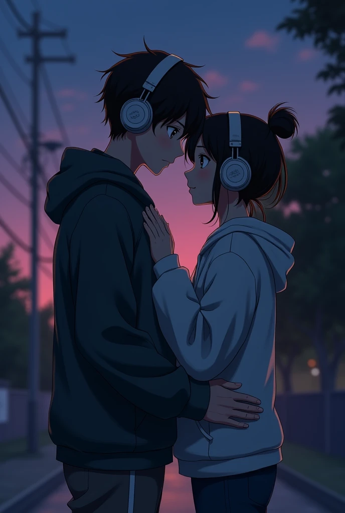1 anime boy and girl couple with headphones hugging with a night landscape background with a little pink Dark street clothes set and serious looks