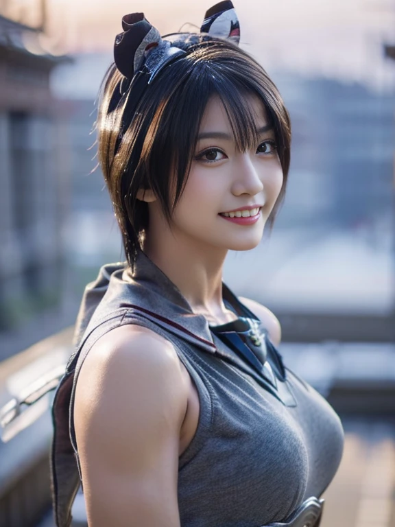 20 year old Japanese beauty,One woman、Muscular body like a bodybuilder、Emphasize the breasts、He wears a headband on his head、Slit eyes、A head-to-toe view,Bust is very very large、The background is a snowy country、High quality photos、Clear, crisp images of the lower body、Masterpiece 8k、Smiling、Is doing a high kick、From the front, from the side, from the back, etc.々from what camera angle to shoot、Light blue ninja costume