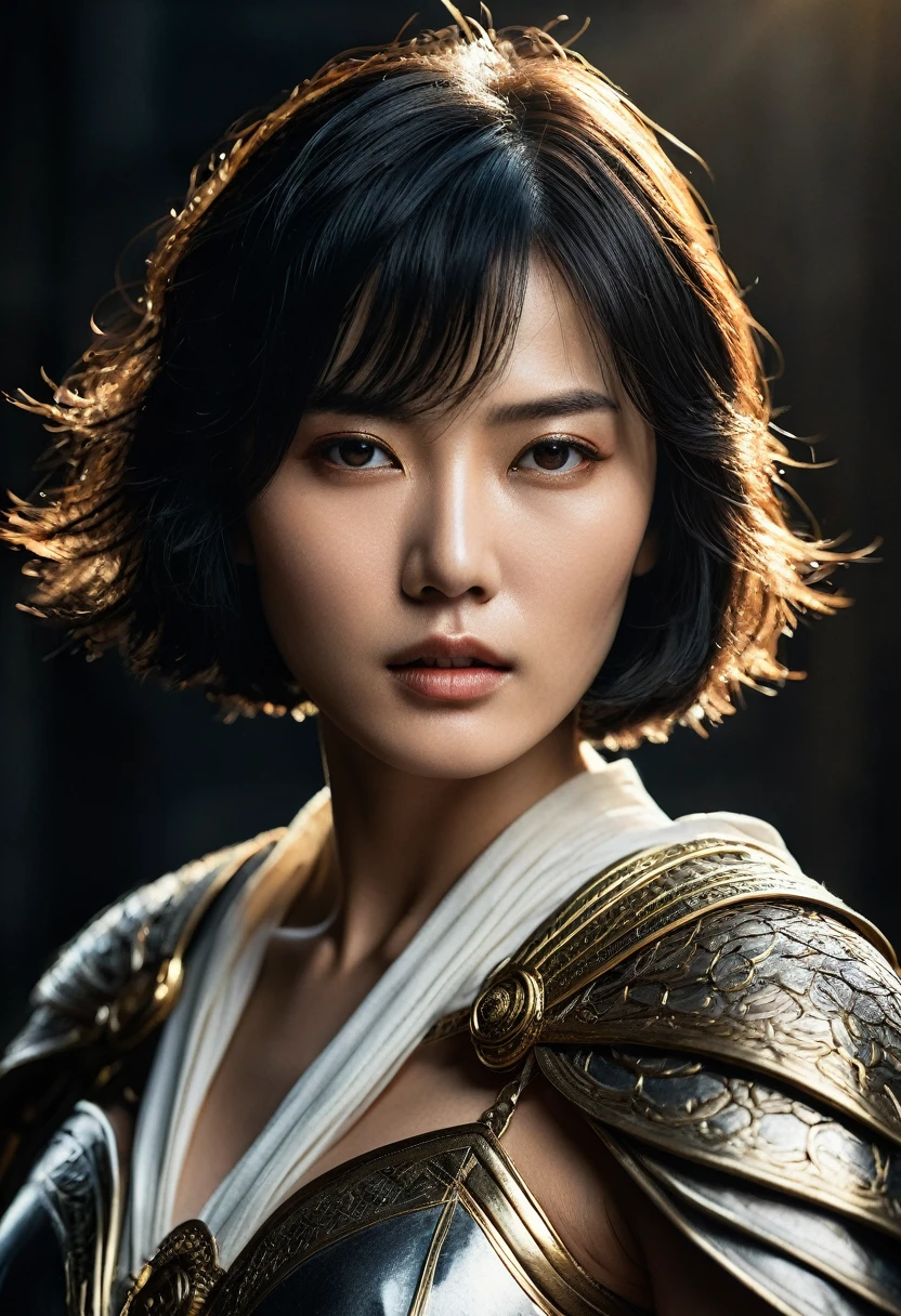 genius extremely beautiful idol lady Keiko, short hair, black hair, subtle makeup, golden hour, photorealistic, high contrast, 8k HD, detailed, hyper-detailed, realistic skin texture, medium breast, best quality, ultra high res, raw photo, dramatic lighting, unreal engine, diffuse glow intricate silver eaba, white imperial cape, spear, sword, no helm, intricate details High Quality, 8k, Realistic, Ultra-Detailed, Dramatic Lighting, Soft Focus, Digital Illustration, Intense Expression, Strong Gaze, Intense Emotion, Complex Mechanics, Advanced Technology, Dark Background, Cinematic, High Contrast, Moody, Strict, Atmosphere, (Best Quality, 4k, 8k, High Definition, Masterpiece: 1. 2 ), ultra-detailed, (realistic, graphic, photorealistic:1.37) --no glass
