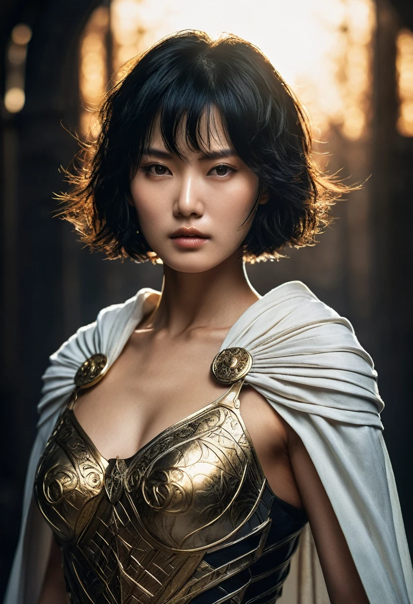 genius extremely beautiful idol lady Keiko, short hair,  black hair, subtle makeup, golden hour, photorealistic, high contrast, 8k HD, detailed, hyper-detailed, realistic skin texture, medium breast, best quality, ultra high res, raw photo, dramatic lighting, unreal engine, diffuse glow  intricate silver eaba, white imperial cape, spear, sword, no helm,  intricate details High Quality, 8k, Realistic, Ultra-Detailed, Dramatic Lighting, Soft Focus, Digital Illustration, Intense Expression, Strong Gaze, Intense Emotion, Complex Mechanics, Advanced Technology, Dark Background, Cinematic, High Contrast, Moody, Strict, Atmosphere, (Best Quality, 4k, 8k, High Definition, Masterpiece: 1. 2 ), ultra-detailed, (realistic, graphic, photorealistic:1.37) --no glass