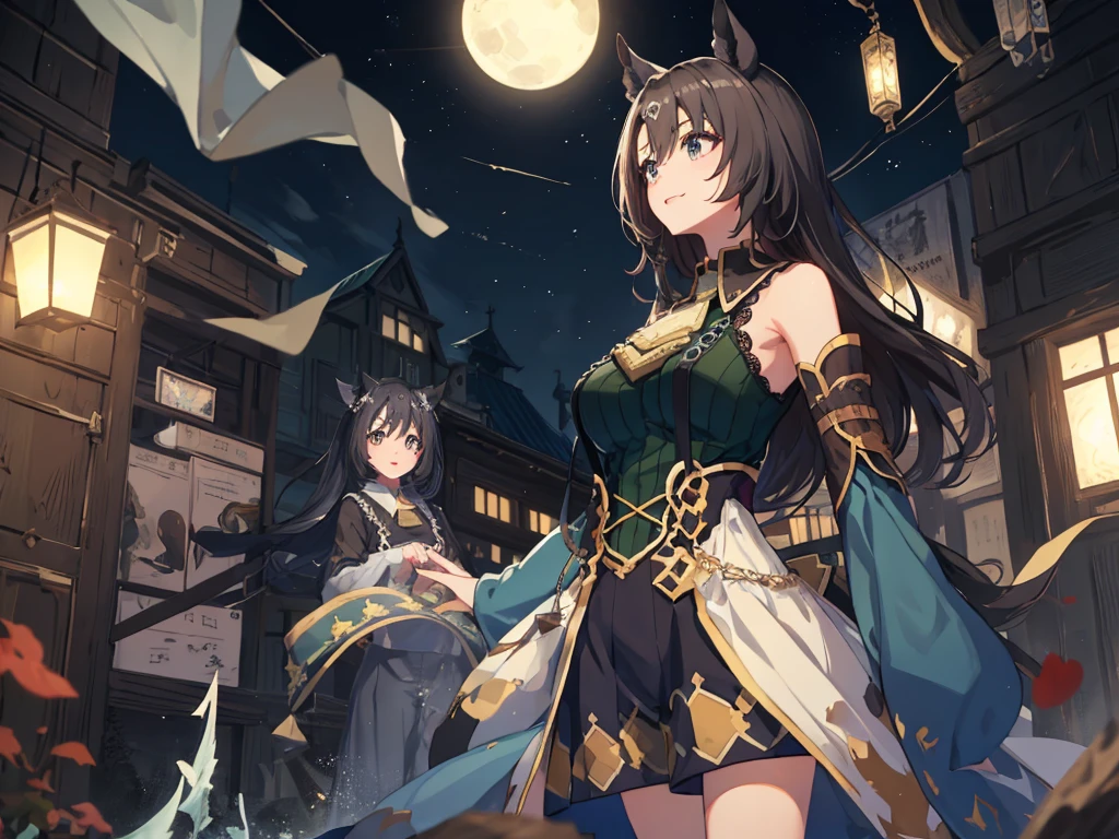 masterpiece、Highest Resolution、Highest quality、Highest quality、Chest is center right、solo、soloキービジュアル。Horse ears girl。Blue knit dress、Blue shoulderless dress。Light blue short knit pants、Brown pantyhose。Large light blue cloak。Moonlit night starry sky background、Strong winds。Red lipstick、smile、Cleavage、Big Breasts。Look to the right、Brush your hair up with your hands、Touch your head with your hand、Hands on hips。Brown Eyes。Long Hair、Half Twin、Half Up。hair ornaments。