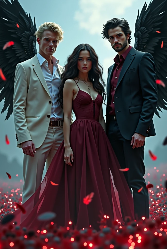 the protagonist , a young girl with wavy black hair, with a fine face, features like Megan Fox, with a dress, To his right is Lucifer, a handsome black-haired man with a wine-colored shirt and suit pants and his black wings barely noticeable similar to the actor Tom Ellis and to his left a blond man in a white suit , and barely perceptible white wings, similar al actor Jeremy Irvine. The three characters in the American shot , the protagonist in the middle . Background between light blue ,red and black, with feathers as decoration.