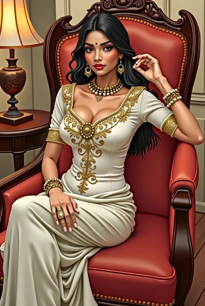 6 ft big breasted average beautiful sri lanakan wealthy age 25 girl in maharani dress. Wearing Academic regalia.well educated.sit in chair with big breasts, big butt,slim stomach.