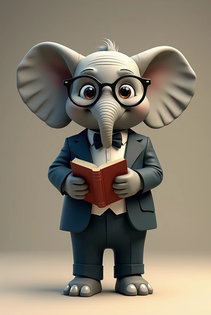 Create an image of a grey elephant with a nerdy appearance The elephant should be wearing a suit, round glasses, a bow tie, and holding a book. The elephant should have a friendly and intelligent expression. The background should be simple, allowing the character to stand out."