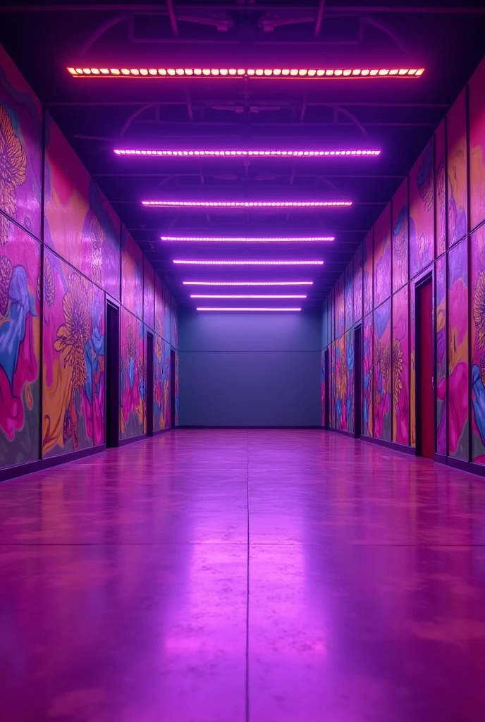 Zumba hall 12 feet in height and 30 feet in wide with front side covered with mirror and covered by walls coloured on both sides. LED's on roof with purple colour 

