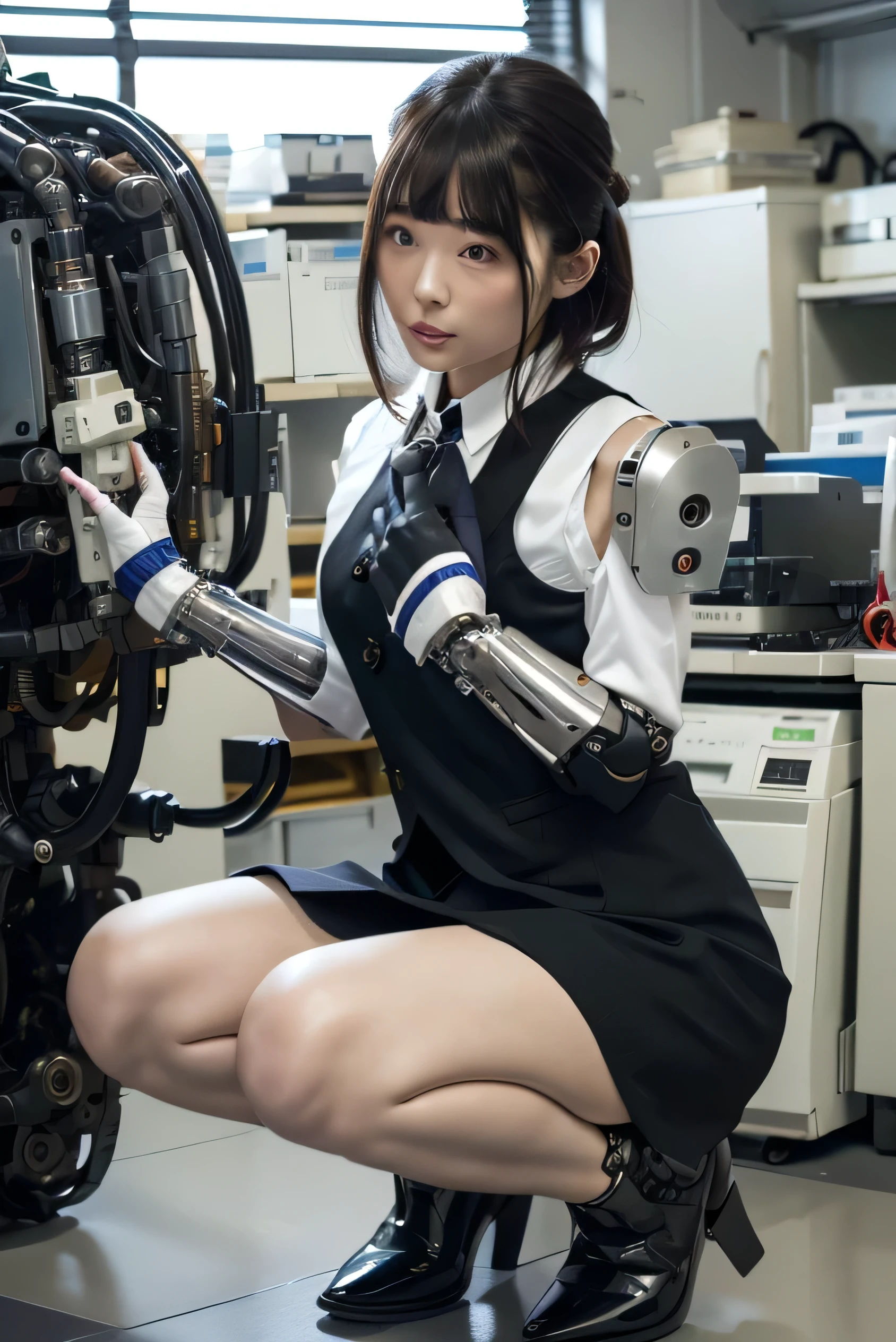 masterpiece, Highest quality, Very detailed, Japaese アンDroid girl,Portraiture,Plump,Thick,Control panel,アンDroid,Droid,Mechanical Hand, robotの腕と脚, Black Hair,Blunt bangs,perfect robot girl,Long tube,A thick cable was attached to her neck.,アンDroid,robot,humanoid,cyborg,japanese cyborg girl ,robot-assembly plant,She is now assembling,Assembly scene,Chubby,Squat