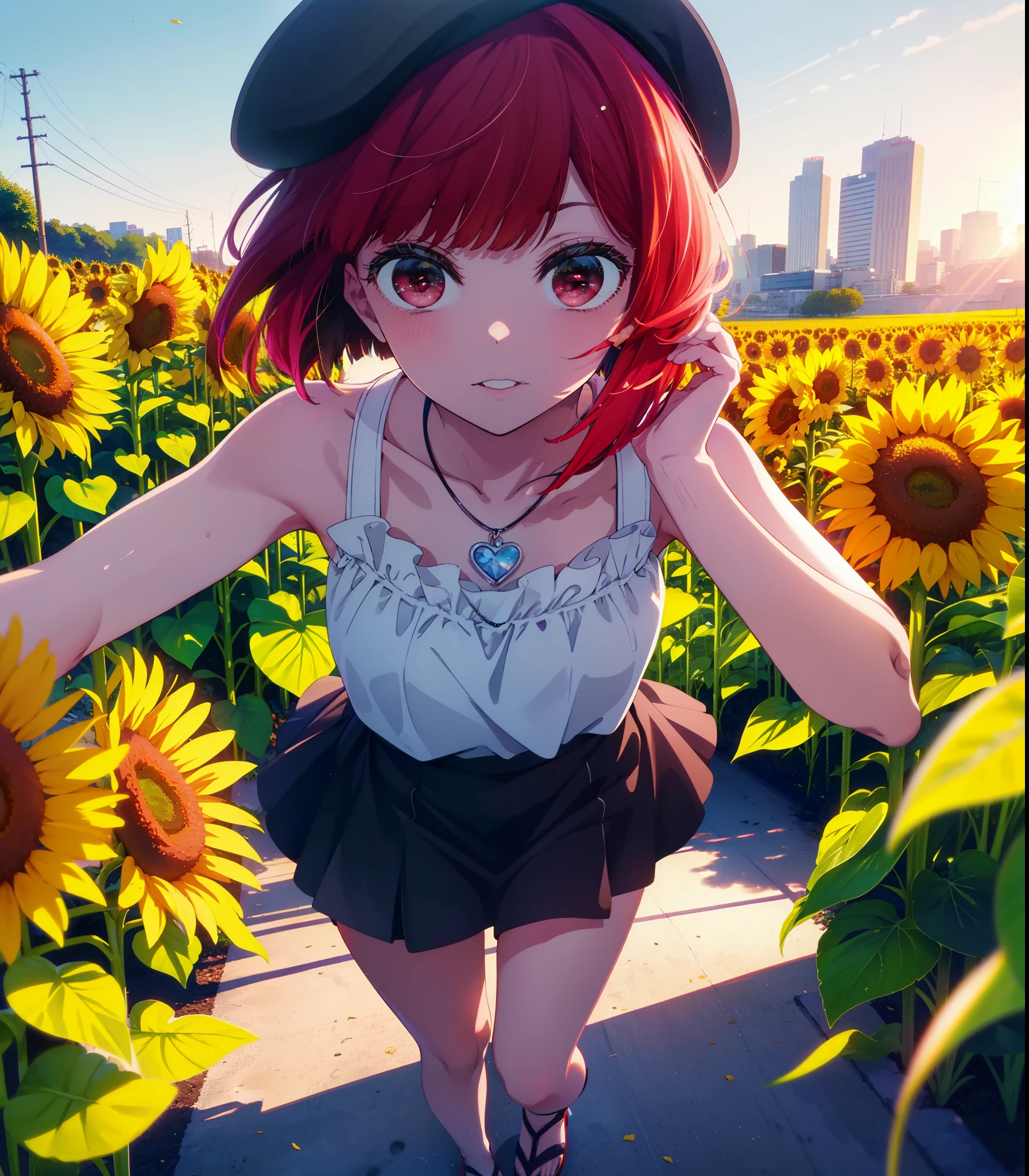 canary, Arima etc., short hair, bangs, (Red eyes:1.3), Redhead, Bobcut, smile,Open your mouth,Tank top,mini skirt,Cute heeled sandals,Heart Necklace,Are standing,Daytime,Clear skies,True Summer,Beret with ribbon,whole bodyがイラストに入るように,
break outdoors,Sunflower field,
break looking at viewer, whole body,
break (masterpiece:1.2), Highest quality, High resolution, unity 8k wallpaper, (figure:0.8), (Beautiful attention to detail:1.6), Highly detailed face, Perfect lighting, Highly detailed CG, (Perfect hands, Perfect Anatomy),