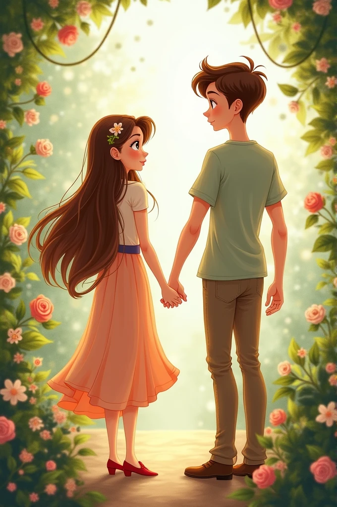 Disney cover couple holding hands ,la chica tiene Brown hair largo ,brown eyes ,white ,short stature,Tall boy ,Brown hair ,brown eyes ,white