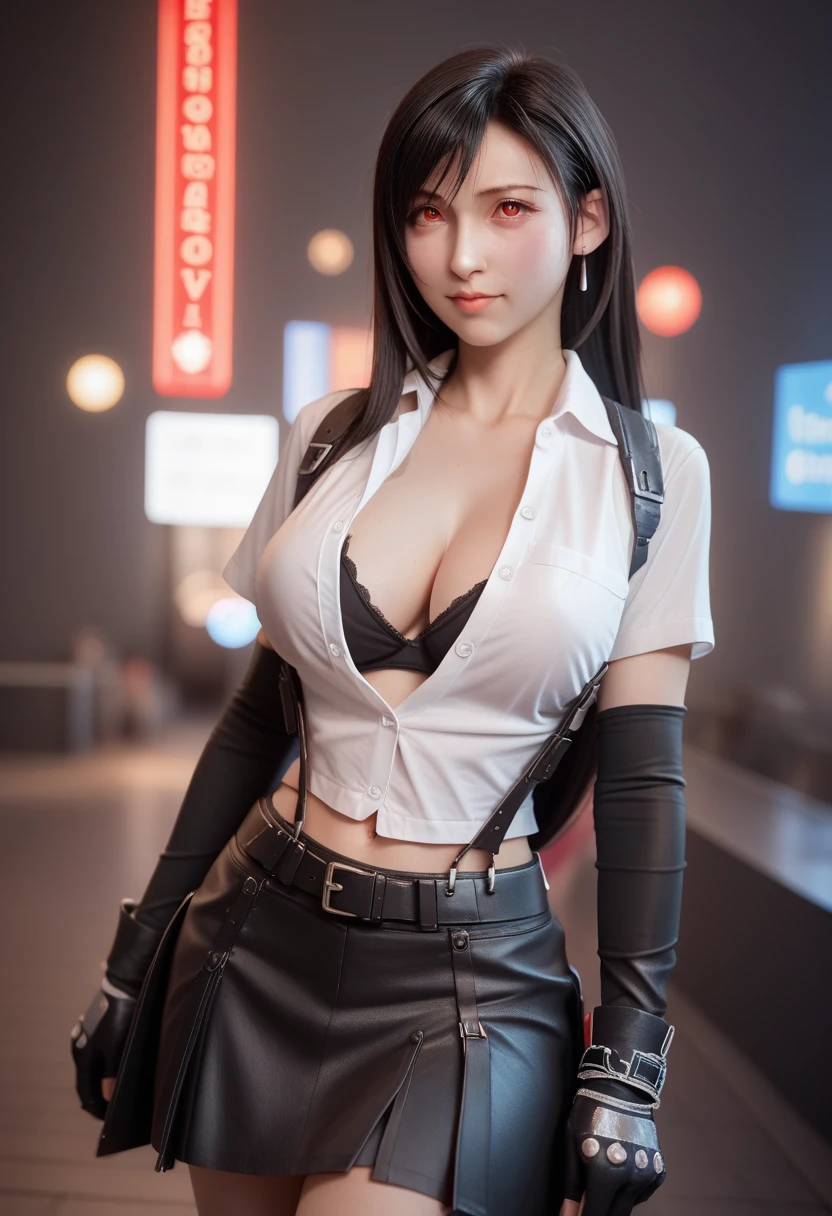 8k,masterpiece,basic quality、(1 person),Tifa Lockhart,Red eyes,City roofs,Black Hair,Long Hair,Professional Lighting,(Glowing Skin:1.2)、((Highest quality)),Highly detailed face and skin texture,Delicate eyes、Black slit skirt,Black elbow gloves, White button-up shirt,sexy、Black Panties、Big Breasts