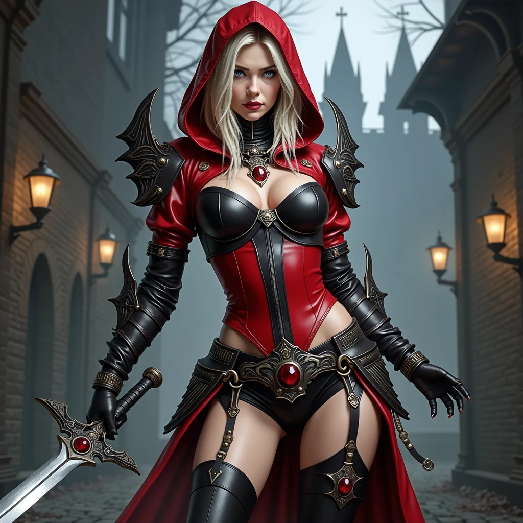 woman in a red hoodie and black leather outfit holding a sword, female rouge assassin, female vampire warrior, thief red riding hood, lady in red armor, castlevania witch, female assassin, evil sorceress, sylvanas windrunner, beautiful female assassin, jessica nigri, katarina from league of legends, cosplay on black harley queen, vampire queen