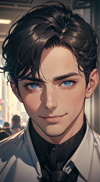 a mature man with short grey Black hair, blue eyes, 31 years, and a perfect face, smiling in love, CEO, cinematic lighting, 1:4 HDR image, top view, ultra detailed, best quality, masterpiece, 8K, photorealistic, beautiful image