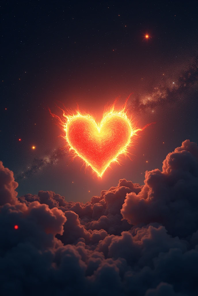 Sky with stars and a heart on fire in the middle