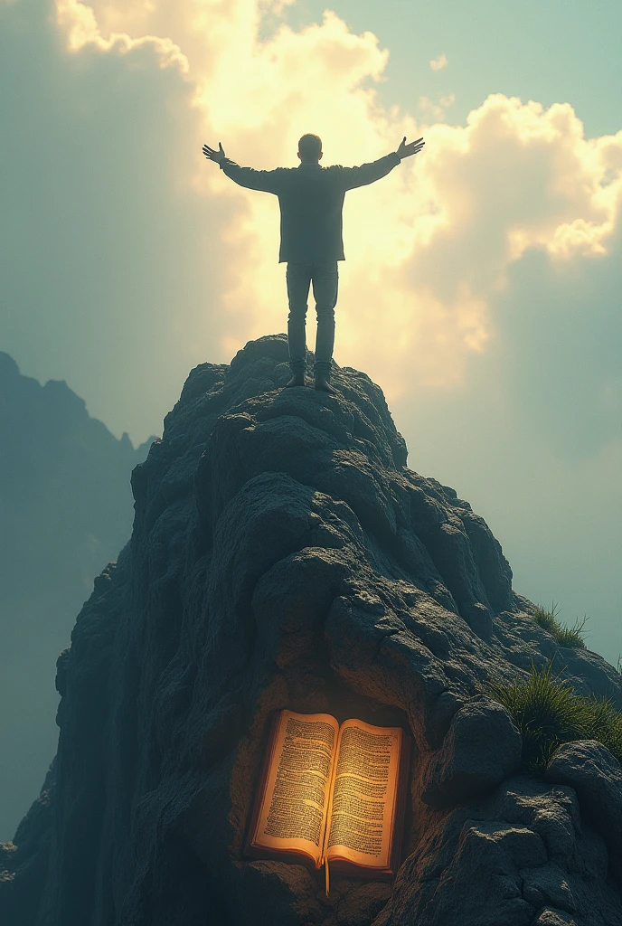 Imagine a person standing on a rocky mountain peak, arms outstretched and eyes lifted towards the sky. Beneath their feet, a subtle image of a Bible or a scroll is embedded in the rock, symbolizing the promises of God. The person's stance conveys confidence, hope, and trust.