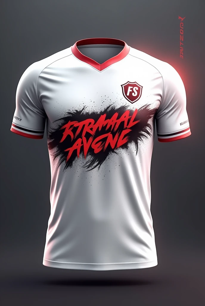Create a esport jersey Start with a clean white base for the jersey. Spray Effect: Apply a dark red spray effect on the front of the jersey, creating a dynamic and aggressive look. This spray could be concentrated in the middl
Logo Placement: Place the "Fs" logo in dark red or black on the top right chest area.
Team Name: In the center, prominently display the team name "Fury Soldiers" in bold, sharp typography. Consider using a dark red or metallic.and highligh khukuri in backgroud overlay