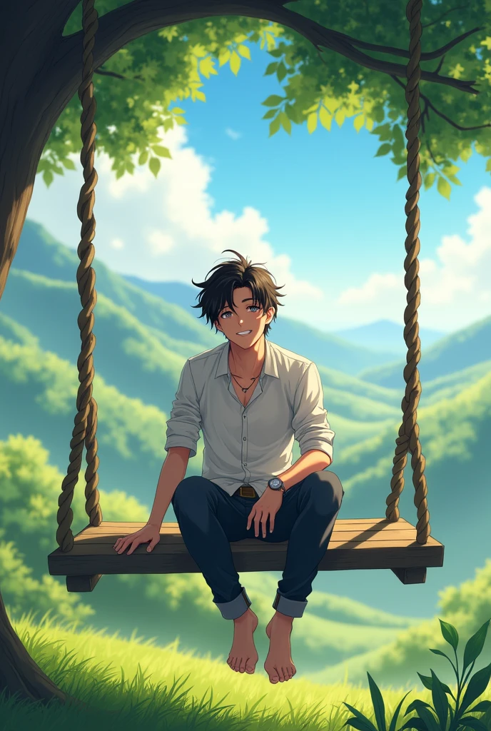 A handsome anime man sleeping in the big swing; waking up and smiling (Other pics)