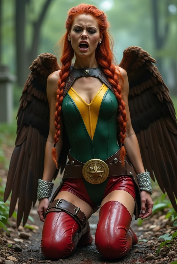 (((De primerísimo primer plano una hermosa mujer de rodillas yelling))),(((Long red hair tied up in a braided ponytail))),(((green top suit with yellow in the middle))),(((Cali green leather pants with red shorts over the pants))),(((Charlize Theron under the mantle of Shayera Holl aka Hawkgirl ))),(((On knees gritando de dolor))),(((leather suit with tiny scales on the suit))),(((Large brown giant falcon wings))),(((Silver metal bracelets on their wrists))),(((Long red boots up to her knees))),(((On knees))),(((yelling))),(((mortally wounded))),(((Blood on his chest))),(((cursed cemetery))),(((Blood all around his body))),(((Wide brown harness on her chest with a round gold plate and a hawk as the Hawkgirl emblem))),(((Green top with yellow in the middle))),(((Top Wonder Woman)))
