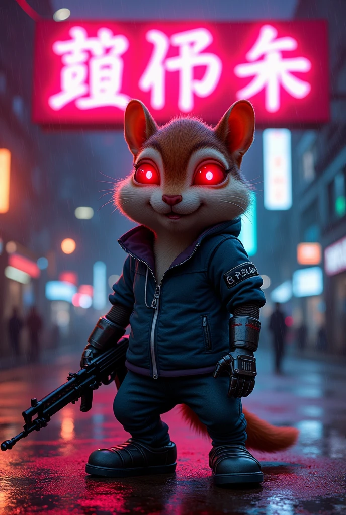 Movie poster. A large neon sign in the center reads."น้องแฮปปี้" High quality, highly detailed 4k 8k masterpiece. Conceptual art Cybernetically enhanced chipmunk. Red eyes, neon lights, robot chipmunk, big muscles, one hand holding an AK, one foot metal, looking at the viewer, standing in front of the chipmunk's house, taking care of himself, cyberpunk scene. night, rain, neon lights,,