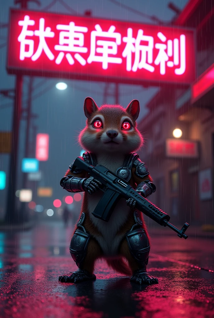 Movie poster. A large neon sign in the center reads."น้องแฮปปี้" High quality, highly detailed 4k 8k masterpiece. Conceptual art Cybernetically enhanced chipmunk. Red eyes, neon lights, robot chipmunk, big muscles, one hand holding an AK, one foot metal, looking at the viewer, standing in front of the chipmunk's house, taking care of himself, cyberpunk scene. night, rain, neon lights,,