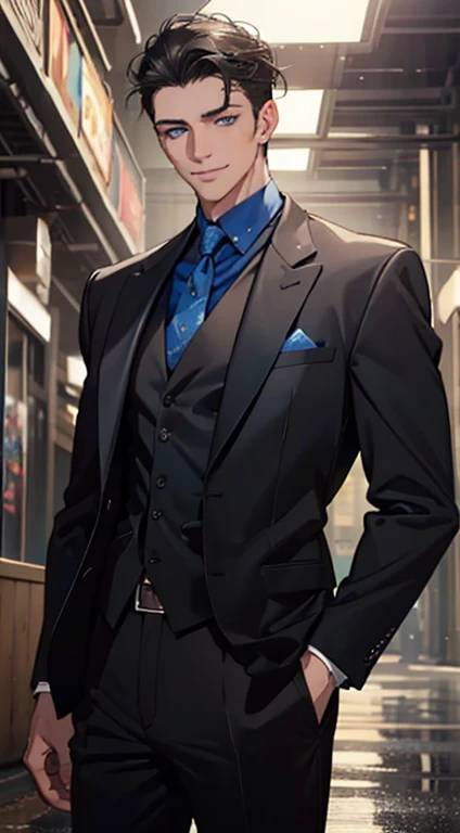 a mature man with short grey Black hair, blue eyes, 31 years, and a perfect face, smiling in love, CEO, cinematic lighting, 1:4 HDR image, top view, ultra detailed, best quality, masterpiece, 8K, photorealistic, beautiful image