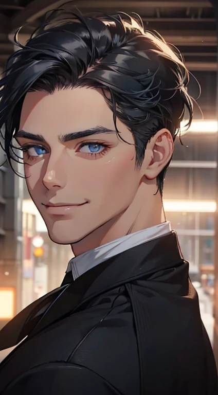 a mature man with short grey Black hair, blue eyes, 31 years, and a perfect face, smiling in love, CEO, cinematic lighting, 1:4 HDR image, top view, ultra detailed, best quality, masterpiece, 8K, photorealistic, beautiful image