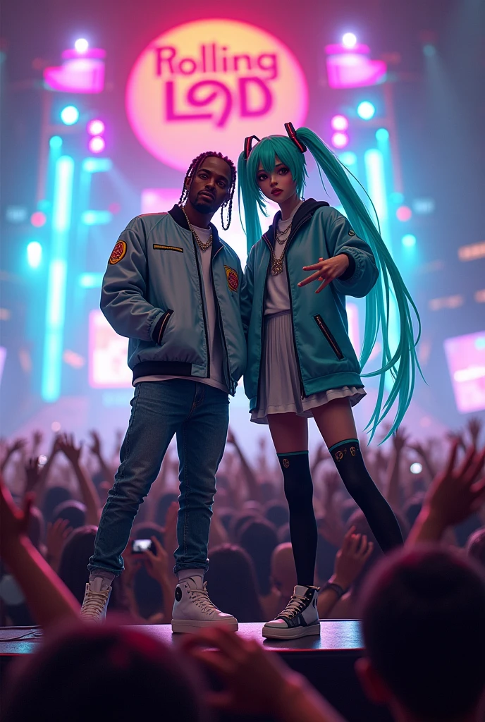 Travis Scott with Hatsune Miku, They both pose in a funny way, on stage at Rolling Loud 2022, A crowd of fans can be seen in the background