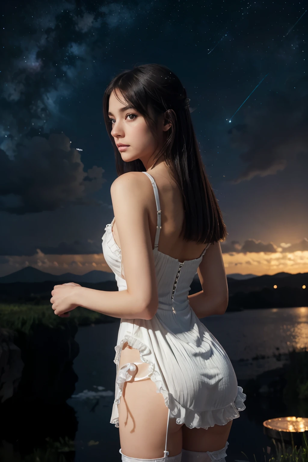 1 girl, extremely detailed eyes and face, beautiful detailed lips, long eyelashes, slender body, cute one piece dress, beautiful night sky, meteor shower, beyond the clouds, water surrounded, reflections, wide angle, breathtaking clouds, by makoto shinkai, thomas kinkade, james gilleard, by holosomnialandscape, hdr, volumetric lighting, ray tracing, an intricate, high details, very detailed, deviantart, 4k vertical wallpaper, colorful, airy, anime illustration, anime nature wallpaper, (shot from back), black laced pantyhose 