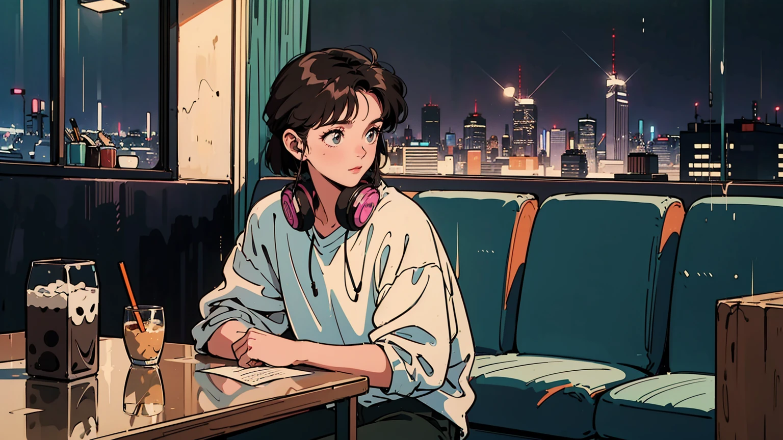 masterpiece, top quality, very detailed, absolute resolution, high resolution, Best quality, 8k, 1980s style, 1980s hairstyle, a 2 girl, black hair, short hair, light brown eyes, city pop, pants, night view, headphones, looking down while reading. Full body, relax coffee, table, window rain