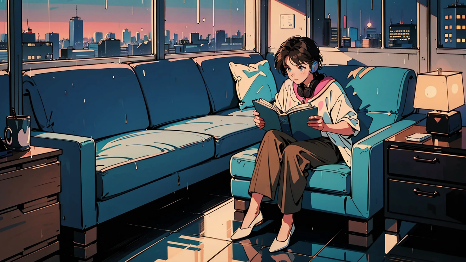 masterpiece, top quality, very detailed, absolute resolution, high resolution, Best quality, 8k, 1980s style, 1980s hairstyle, a 2 girl, black hair, short hair, light brown eyes, city pop, pants, night view, headphones, looking down while reading. Full body, relax coffee, table, window rain