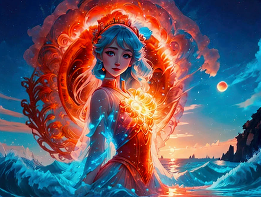 A stunning young woman resembling Sailor Venus, with large, radiant eyes, stands gracefully in a transparent robe. The scene features dynamic ocean waves, a vibrant sunset with red clouds, and a luminous full moon. Ancient Greek columns rise from the water, creating a cinematic atmosphere filled with joy and lightness. The composition is sharp and detailed, with bright neon accents and a mandala pattern in the background.