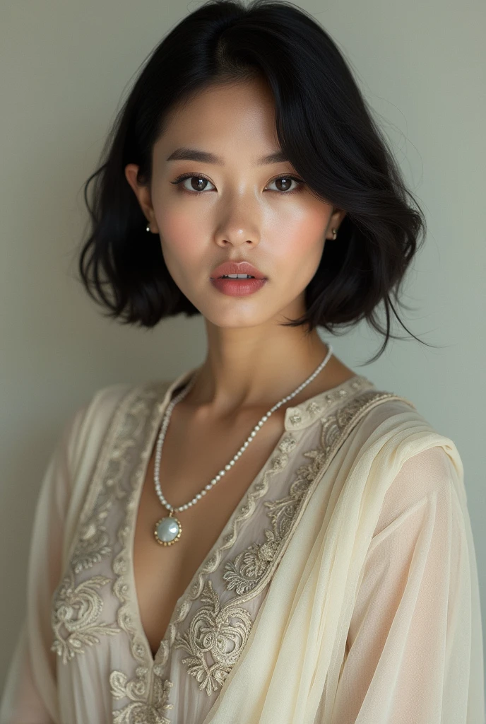 Beautiful white skin coloured woman with bobcut in black hairs wearing indian kurti