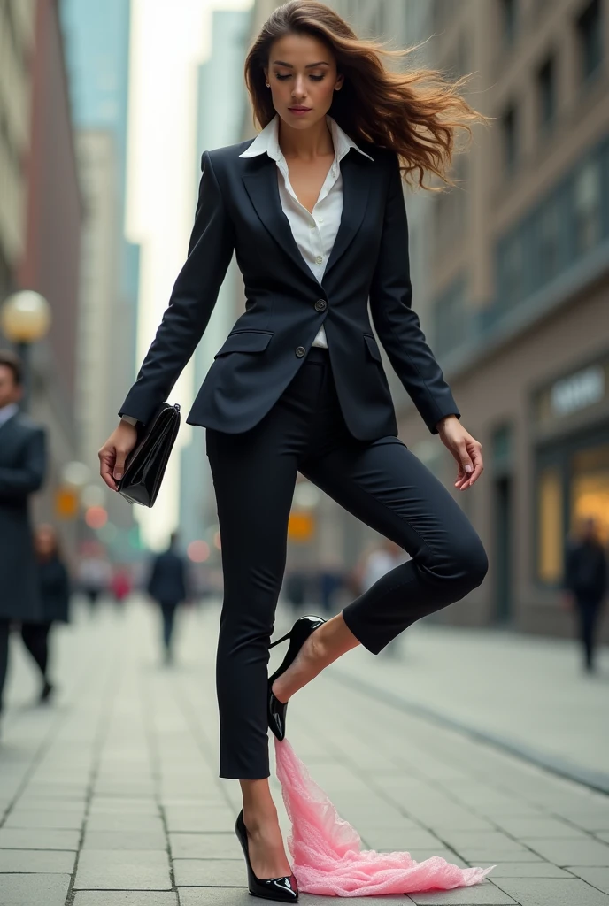 businesswoman lifts her leg in the air as sticky pink gum is stretching under her black high heel stiletto sole on the sidewalk