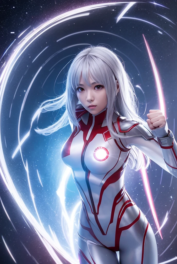 From within the vortex of light、Enter with your fist raised、A female alien with a silver body and red lines、Female Ultraman、The body is transparent