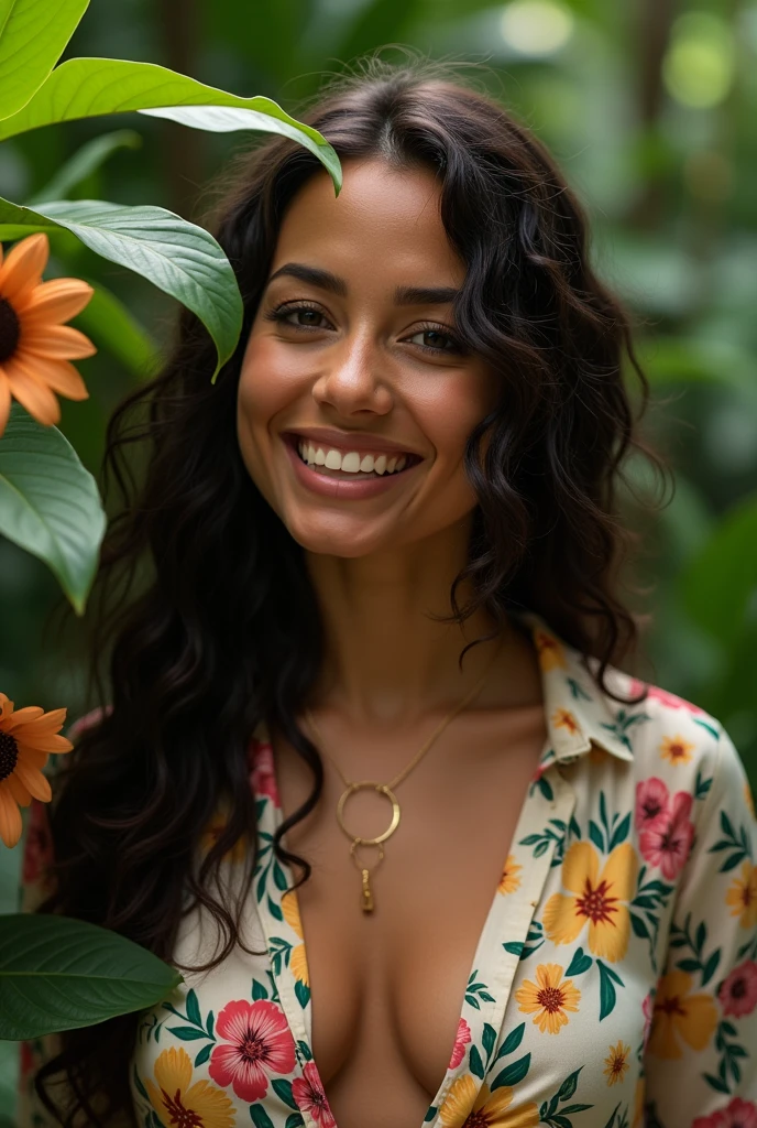 A Brazilian woman in a lush tropical garden, wearing an open shirt with a floral print, with a close-up capturing the harmonious beauty between her breasts and the natural flowers, showing off your natural charm and outgoing personality.