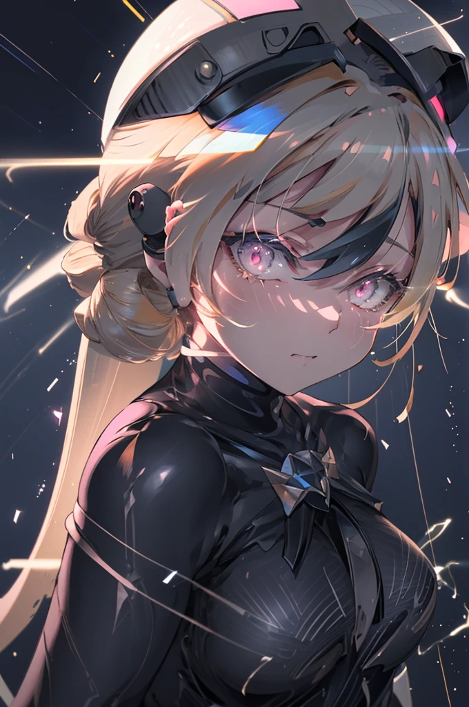 Tabletop,Highest quality,One Girl,rolls_....Exe_megamanbn,(Helmet),Blonde,Long Hair,leotard,Pink Eyes,紫のBodysuits,Bodysuits,Lightless Eyes,Moderate breast fullness,Faint laughter,nails with sharp fingertips,Tied to a machine,Glowing circuit background,Black lightning