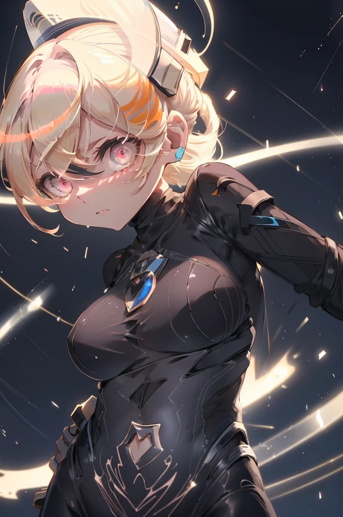 Tabletop,Highest quality,One Girl,rolls_....Exe_megamanbn,(Helmet),Blonde,Long Hair,leotard,Pink Eyes,紫のBodysuits,Bodysuits,Lightless Eyes,Moderate breast fullness,Faint laughter,nails with sharp fingertips,Tied to a machine,Glowing circuit background,Black lightning