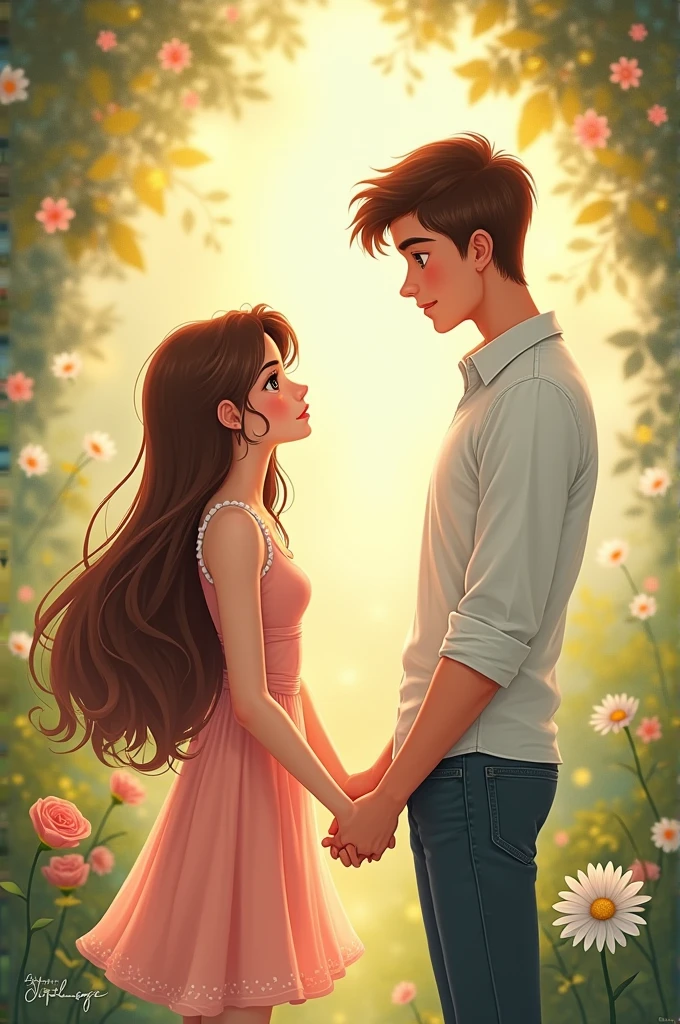 Disney cover couple holding hands ,la chica tiene Brown hair largo ,brown eyes ,white ,short stature,Tall boy ,Brown hair ,brown eyes ,white 